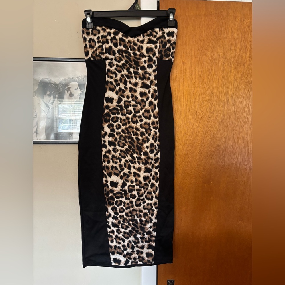 Love J Leopard Print Strapless Midi Dress with Black Accents